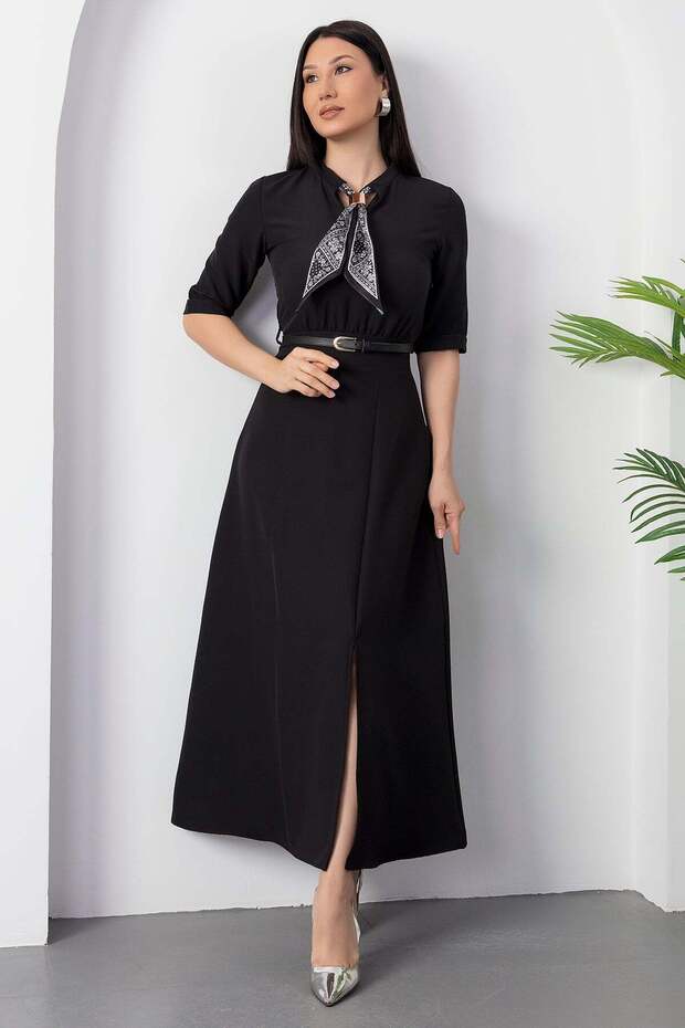 Fuları Kemerli Atlas Elbise DKS1366 - 7