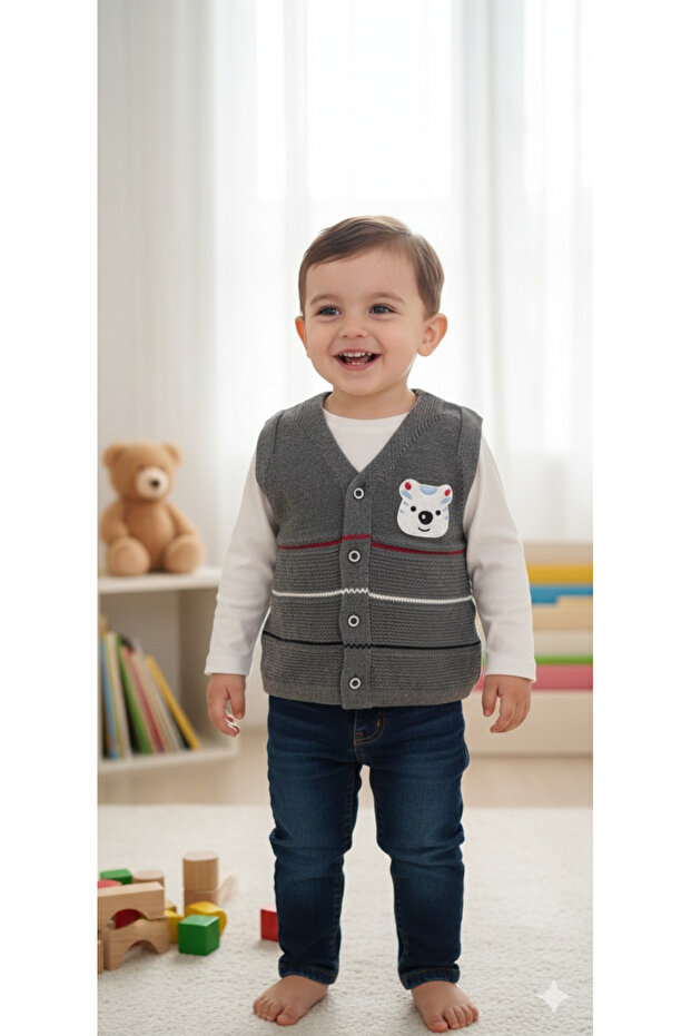 Front Buttoned Cotton Knitwear Boy's Vest with Lion Motif