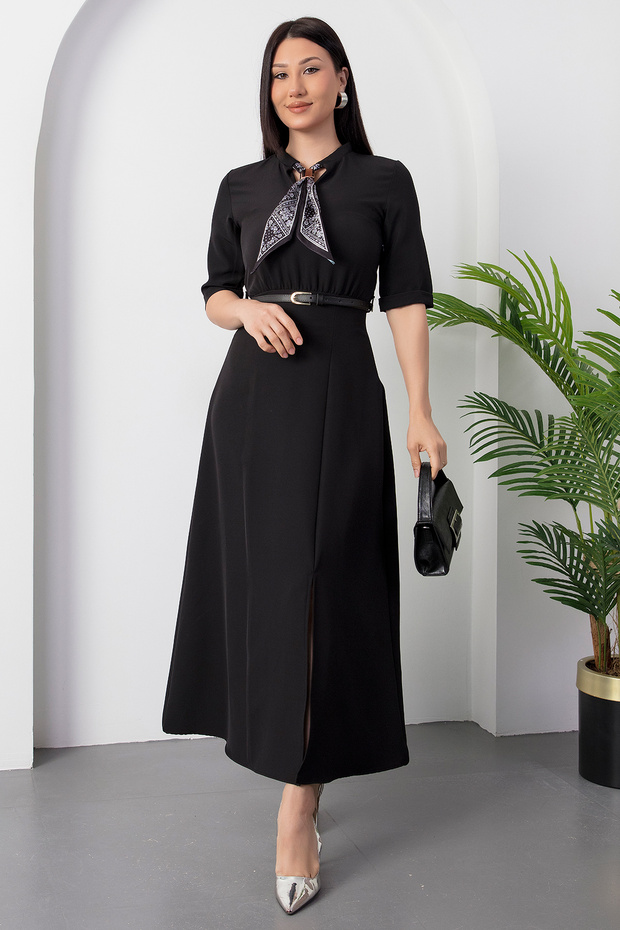 Fuları Kemerli Atlas Elbise DKS1366 - 3