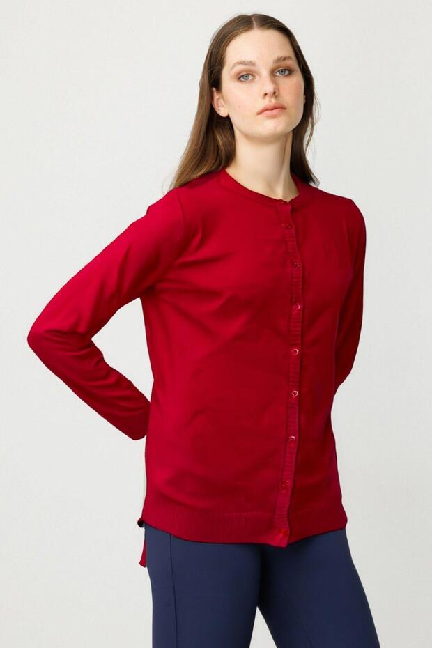 Women's Crew Neck Knitwear Wool Cardigan Dark Red