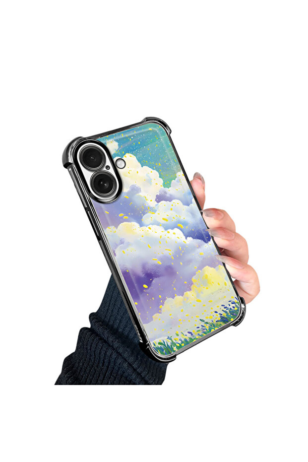 حافظة حماية من السيليكون الشفاف المتوافقة مع هاتف iPhone 16، بأنماط سحابية ملونة - 3