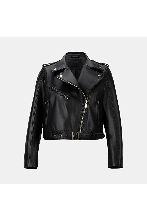 Women's Black Collared Leather Biker Jacket