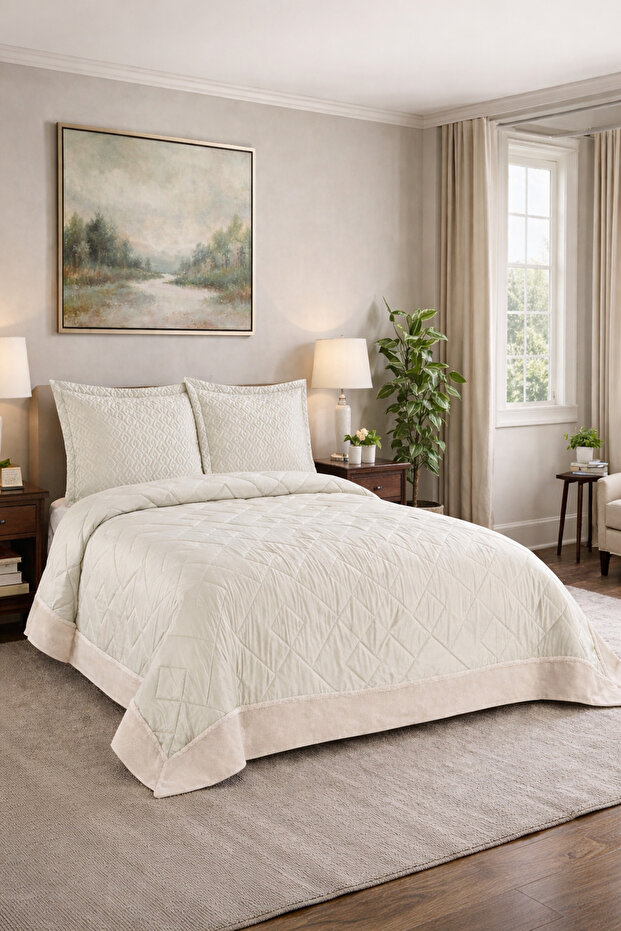 Maria Cream Edge Plush Detailed Bedspread (240X260)