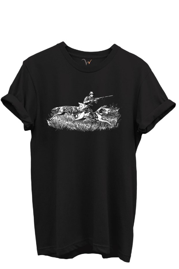 Outdoor Hunting Hunter and Hound Dog Patterned 100% Cotton Regular Fit Crew Neck Unisex T-Shirt