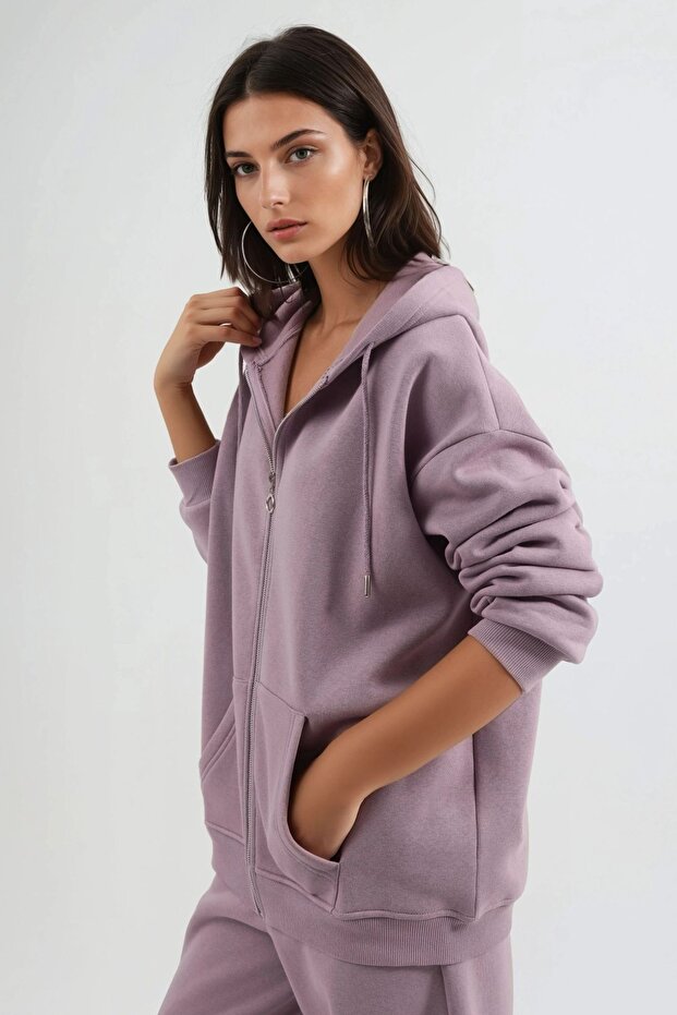 BUSEM Kapüşonlu Oversize Fermuarlı Ceket - 4