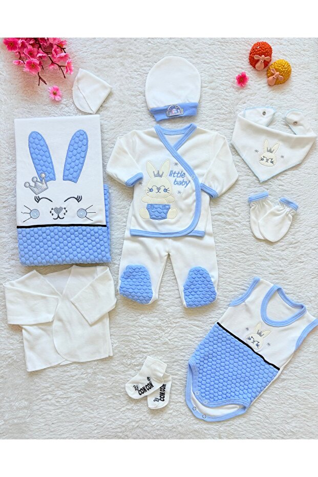 Blue Cute Bunny Embroidered Newborn Hospital Discharge Set of 10
