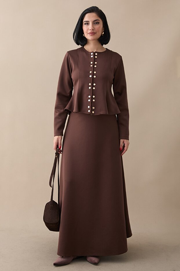 Brown Scuba Suit with Gold Snap Skirt