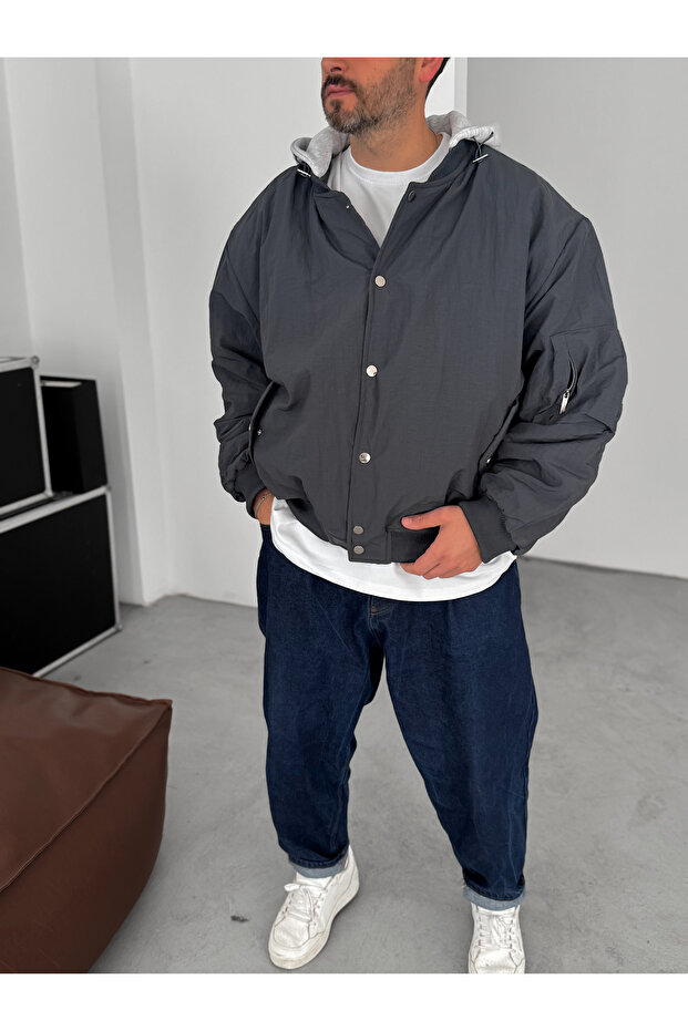 Antrasit Kapüşonlu Bomber Mont LNS-51103 - 2