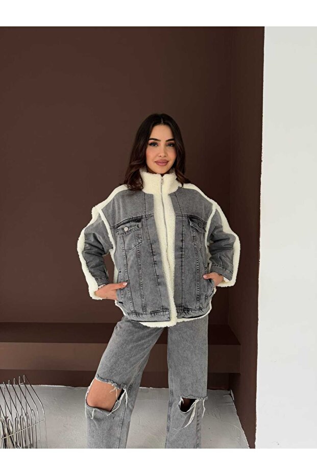 Dame Women's Jean Paneled Zippered Lamb Plush Coat