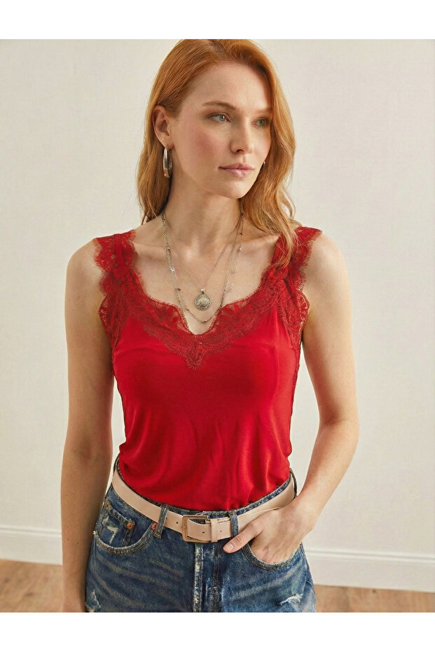 Women's Red Lace Strap Sandy Fabric Blouse
