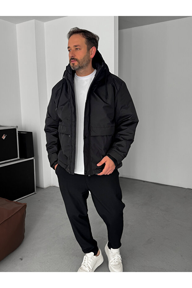 Siyah Kapüşonlu Şişme Mont LNS-50564 - 5