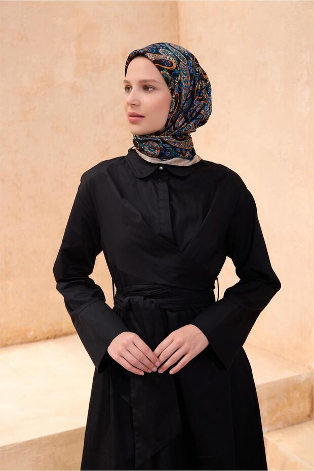 وشاح حرير سيرا 100% بنمط عرقي متعدد الألوان باللون الأسود 4101 - 54