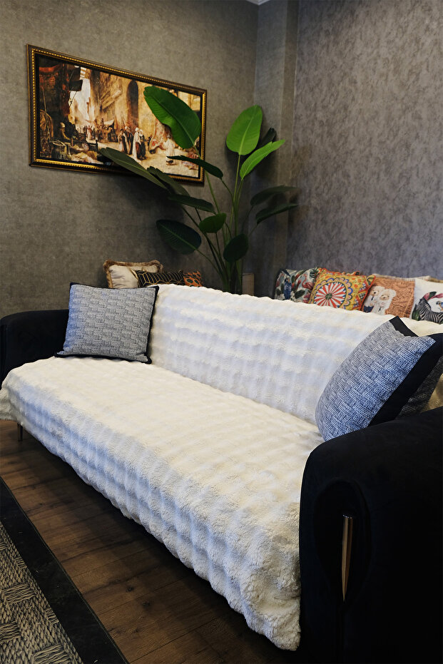 Plush Sofa Cover Shawl Fluffy Bubble Cream Multi-Purpose Diamond Pattern 170X210 cm