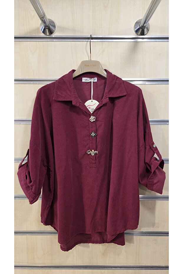 Broşlu Kadife Gömlek - 1