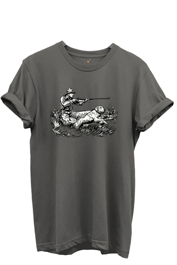 Outdoor Hunting Hunter and Dog Patterned 100% Cotton Regular Fit Crew Neck Unisex T-Shirt