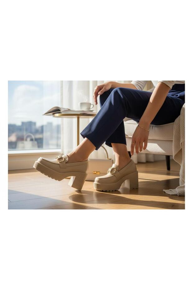 Beige Women's Loafer with Gold Buckle Detail
