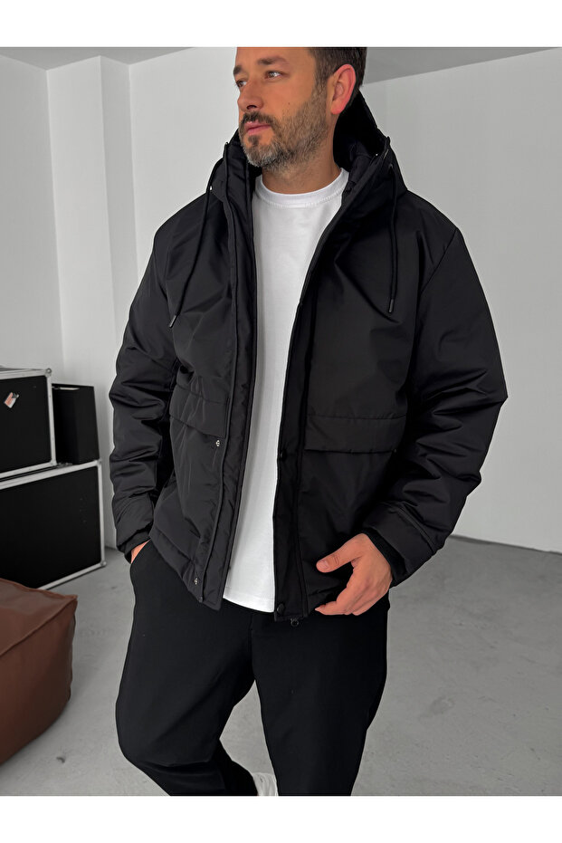 Siyah Kapüşonlu Şişme Mont LNS-50564 - 1