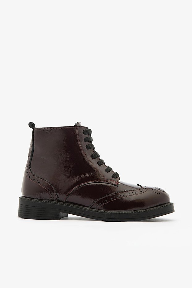 Burgundy Patent Leather Genuine Leather Lace-Up Brogue Detailed Women's Boots