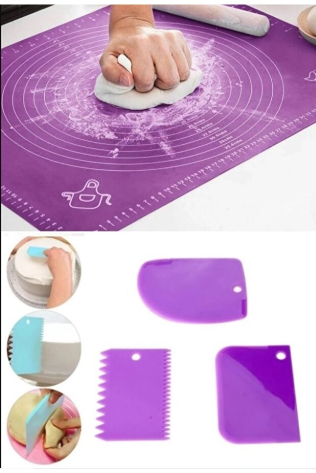 Set of 2 Silicone Dough Rolling Mats with Scale and Set of 3 Dough Scraper Decorators