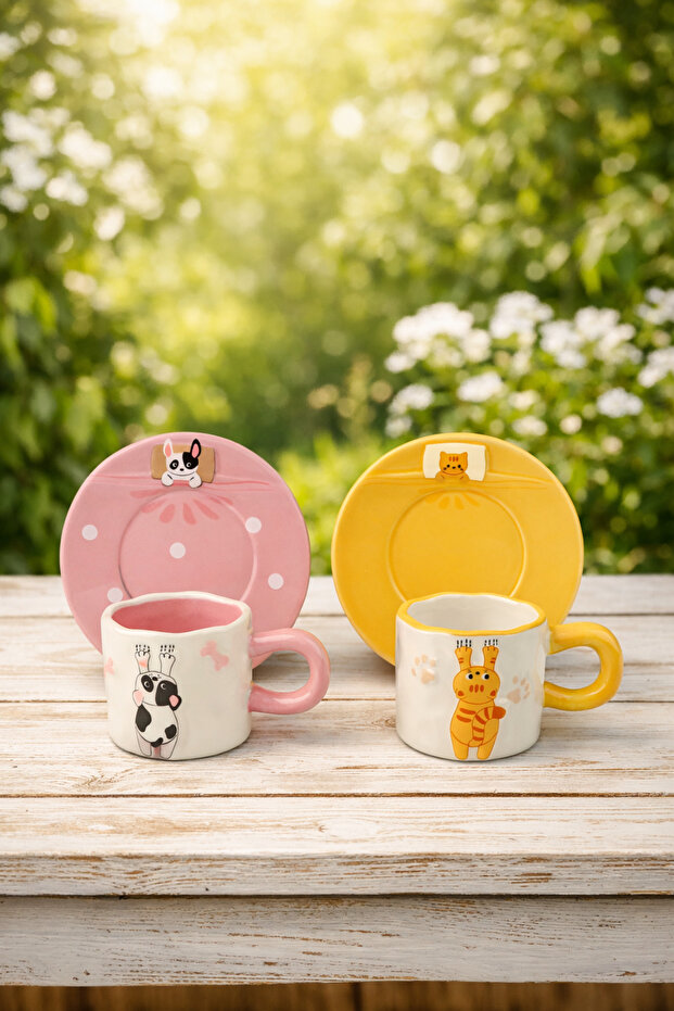 Animal Figured Ceramic Cup & Saucer Set of 2 (Pink Cow + Yellow Giraffe)