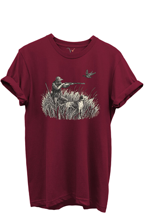 Outdoor Hunting Hunter, Dog and Bird Patterned 100% Cotton Regular Fit Crew Neck Unisex T-Shirt