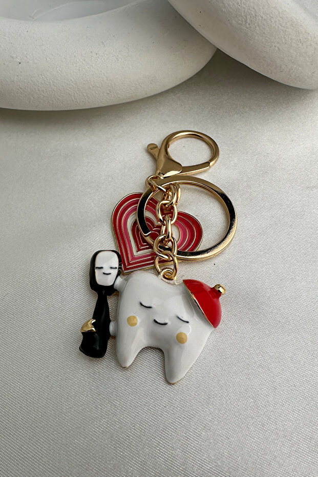 Gold Color Red Heart Detail Enamel Tooth Bag Accessory Keychain