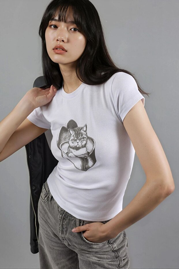 BUSEM Baskılı Fitted Bisiklet Yaka Kısa Üst - 1