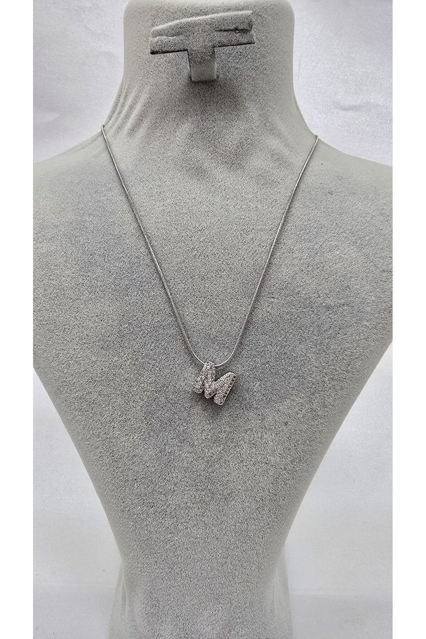 Stainless Steel Silver Color Zircon Stone Small Letter Necklace -E- Letter