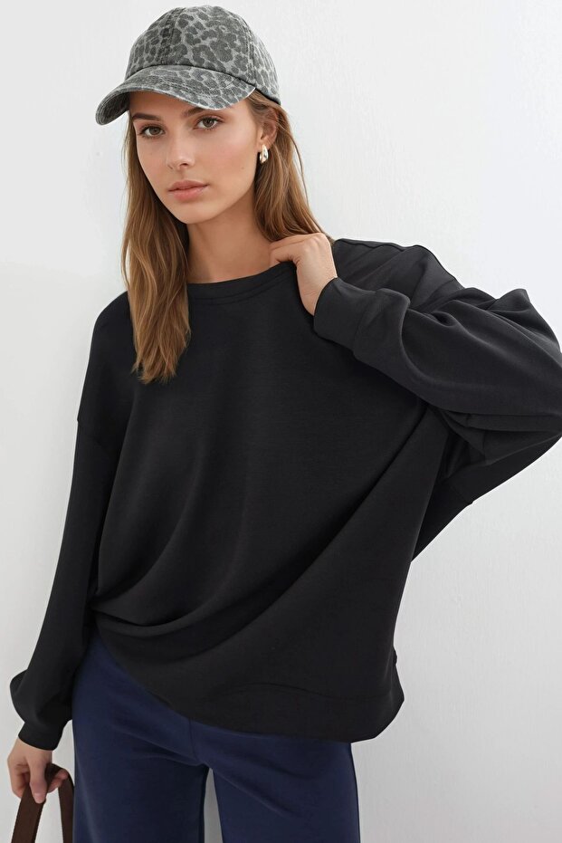 BUSEM Rahat Kesim Bisiklet Yaka Örme Sweatshirt - 1