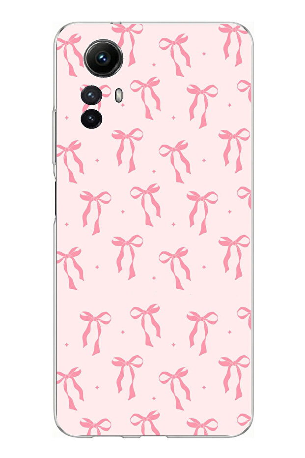 Redmi Note 12S Compatible Soft Pink Bow Patterned Printed Silicone Case - 1