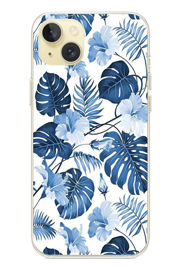 iPhone 15 Plus Compatible Blue Leaf and Flower Patterned Printed Silicone Case - 1