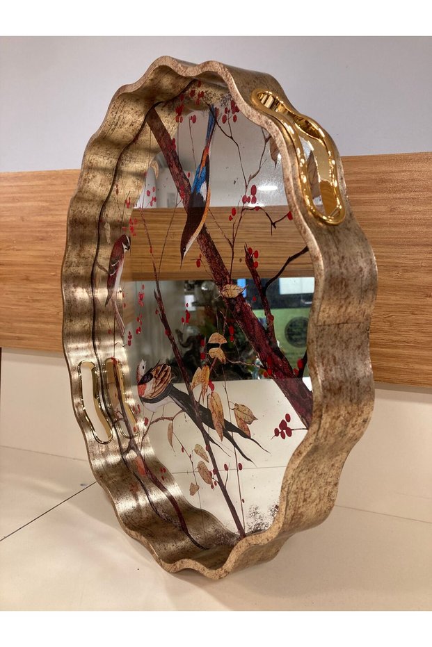 Tray Wood and Mirror Bird Patterned with a Winged Model Large Size Color Antique Aged Diameter 40 cm