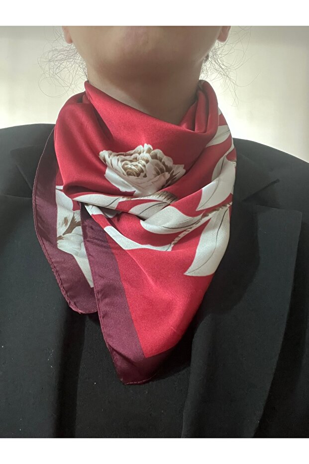 Imported Satin Red Flower Patterned 70*70 Stylish Women's Scarf