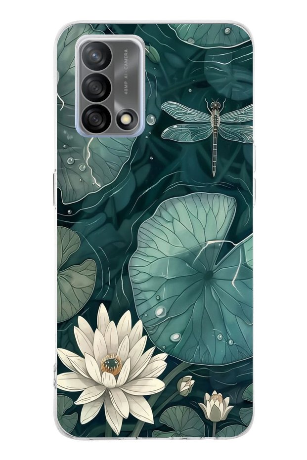 Oppo A74 Compatible Green Leafy Water Lily and Dragonfly Printed Silicone Case