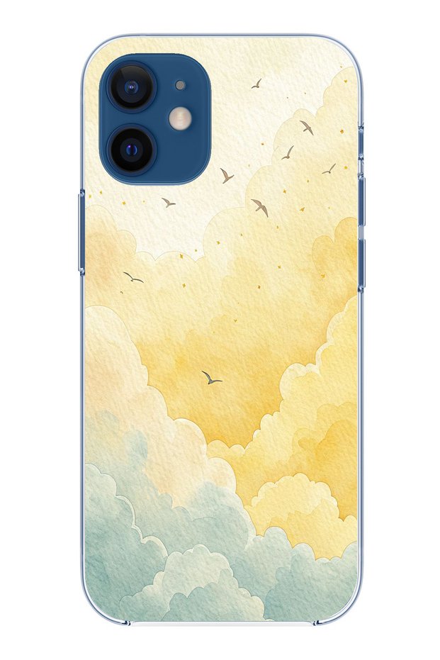 حافظة سيليكون متوافقة مع هاتف iPhone 12 Mini باللونين الأصفر والأخضر على شكل سحابة وطيور مطبوع