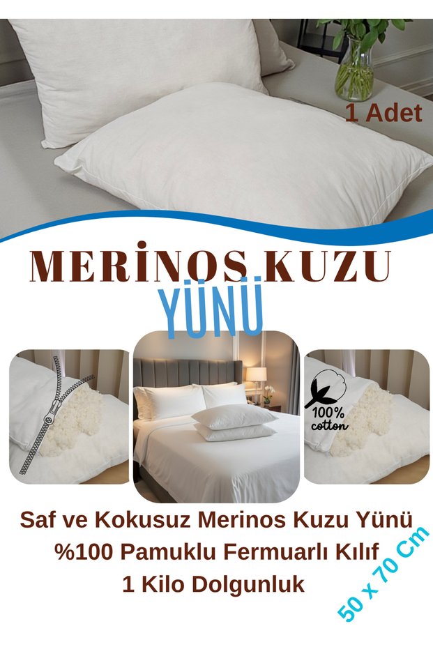 Merino Lamb Wool Pillow 1 Piece 100% Cotton Cover |   50X70 cm |   1 kg of Fullness