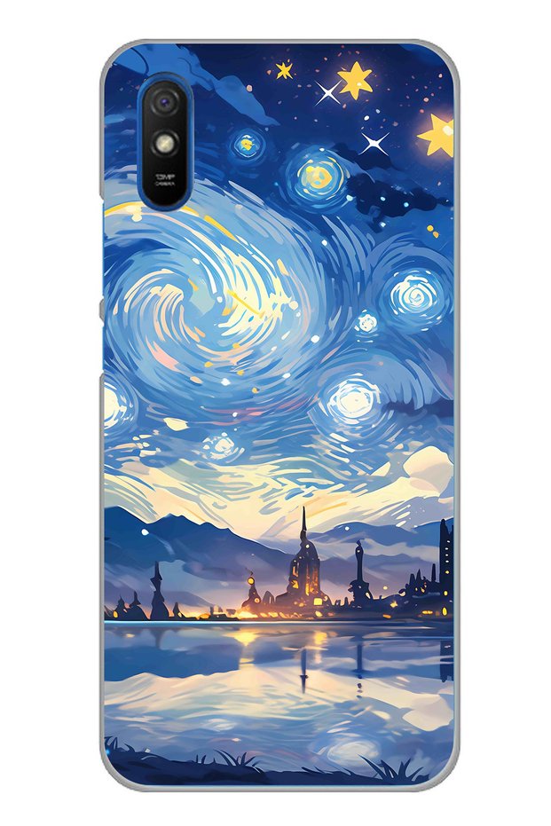 حافظة سيليكون متوافقة مع Redmi 9A بتصميم السماء المرصعة بالنجوم وصورة مدينة مطبوع