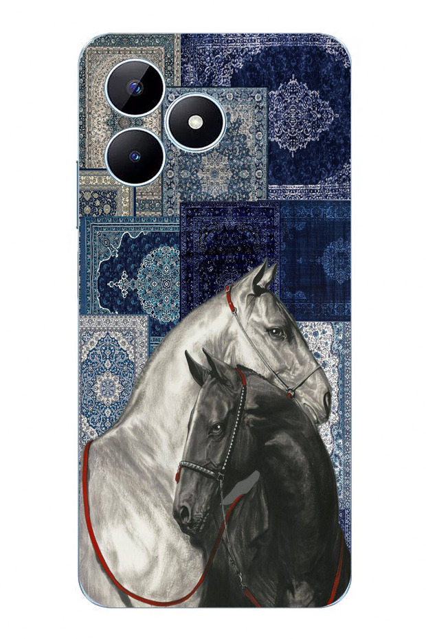 Realme Note 50 Compatible Blue Carpet Patterned Black and White Horse Printed Silicone Case