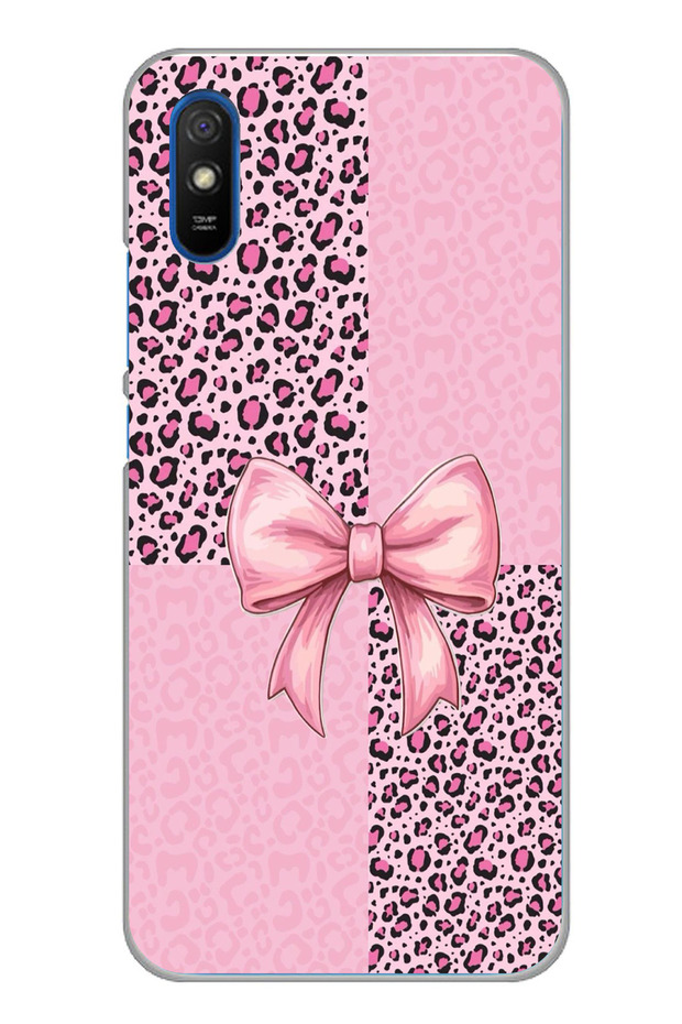Redmi 9A Compatible Pink Leopard Pattern and Ribbon Printed Silicone Case - 1
