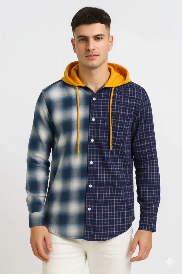 "Men’s Olive Green Checkered Hooded Casual Shirt – Full Sleeve"