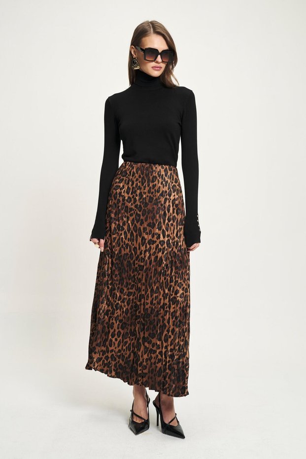 Multi Leopard Patterned Pleated Long Skirt 4071 R3-I-K1