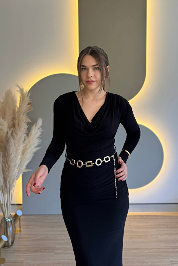 Degaje Yaka Shoulder Pad Piece Black Midi Dress with Gold Belt