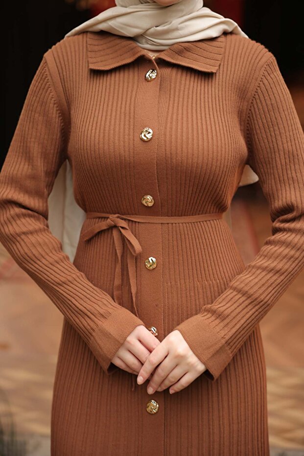 Taba Düğmeli Triko Elbise - 4