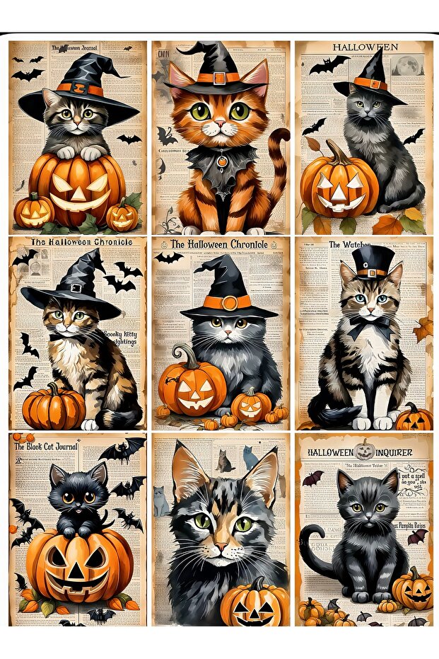 Halloween Themed Cat Sticker Set – Halloween Cat Illustrations with Pumpkins & Hats