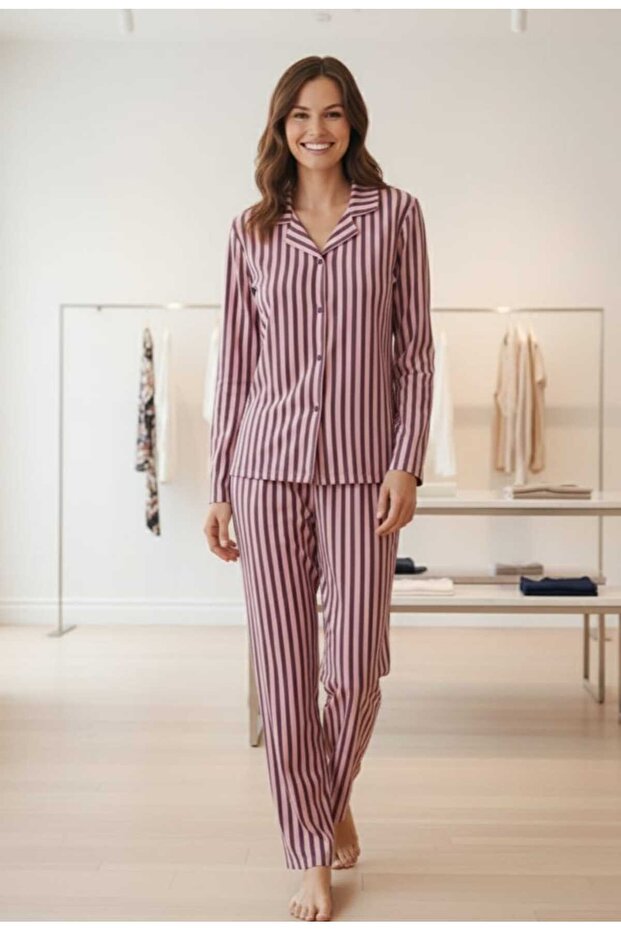 Women's Pink Striped Buttoned Suede Shirt Collar Long Sleeve Pajama Set -Premium Dowry Set