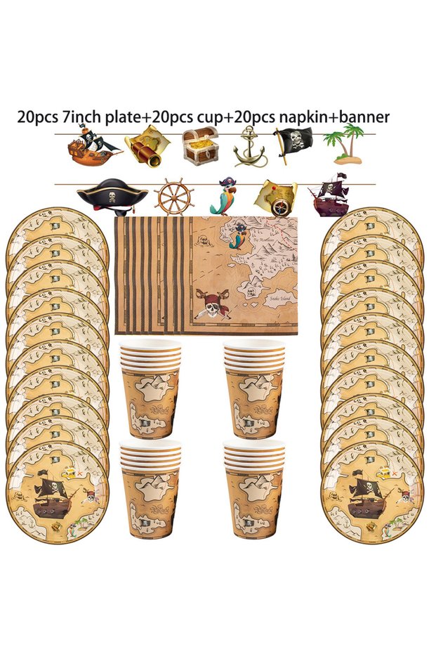 61pcs tableware Pirate Theme Party Supplies Paper Plate Cup Napkin Banner Tablecloth Disposable Tabl