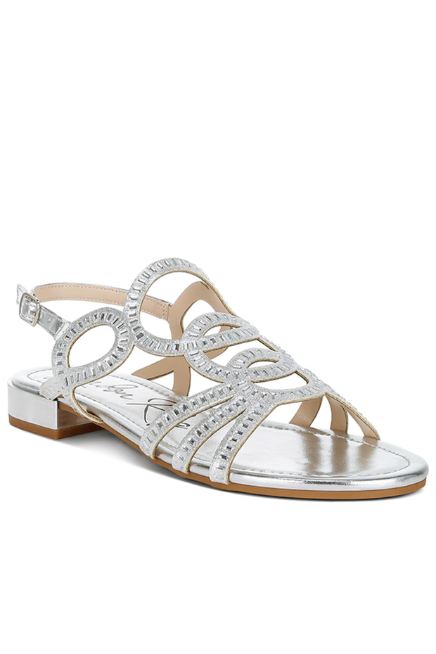 Women Cut Out Detail Rhinestone Flat Sandals in Silver