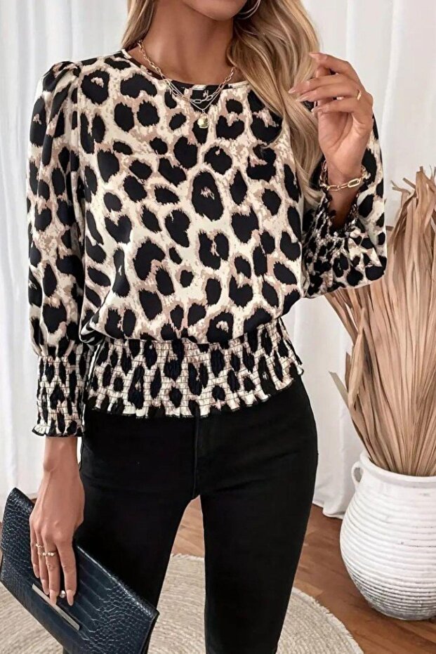 بلوزة مودال بياقة دائرية ونقشة الفهد - نمط الفهد - 1