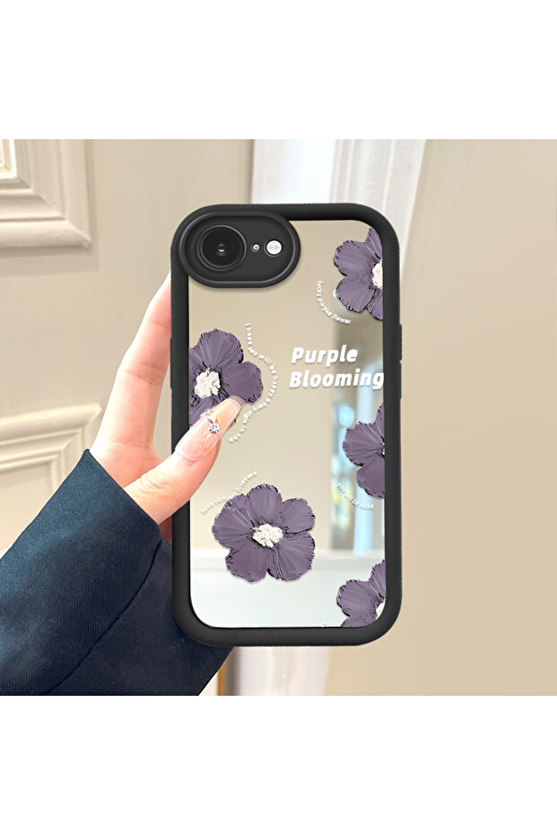 حافظة سيليكون سوداء مقاومة للسقوط متوافقة مع iPhone 16e بأنماط زهور ذات وجه مرآة - 2