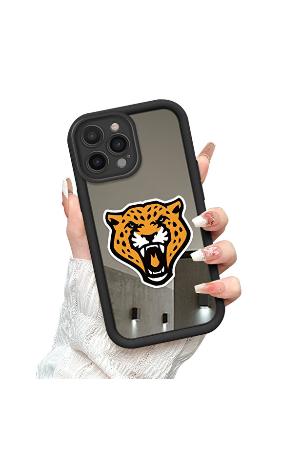 حافظة سيليكون سوداء مقاومة للسقوط متوافقة مع آيفون 16 برو مع أنماط الفهد على الوجه المرآة - 3